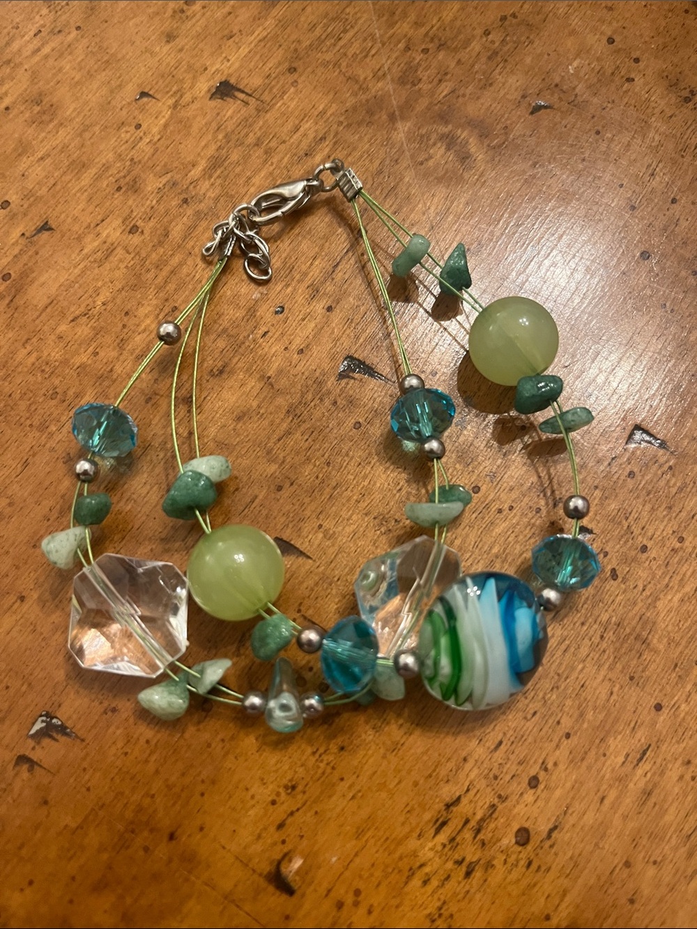 Glass and acrylic beaded double wire bracelet